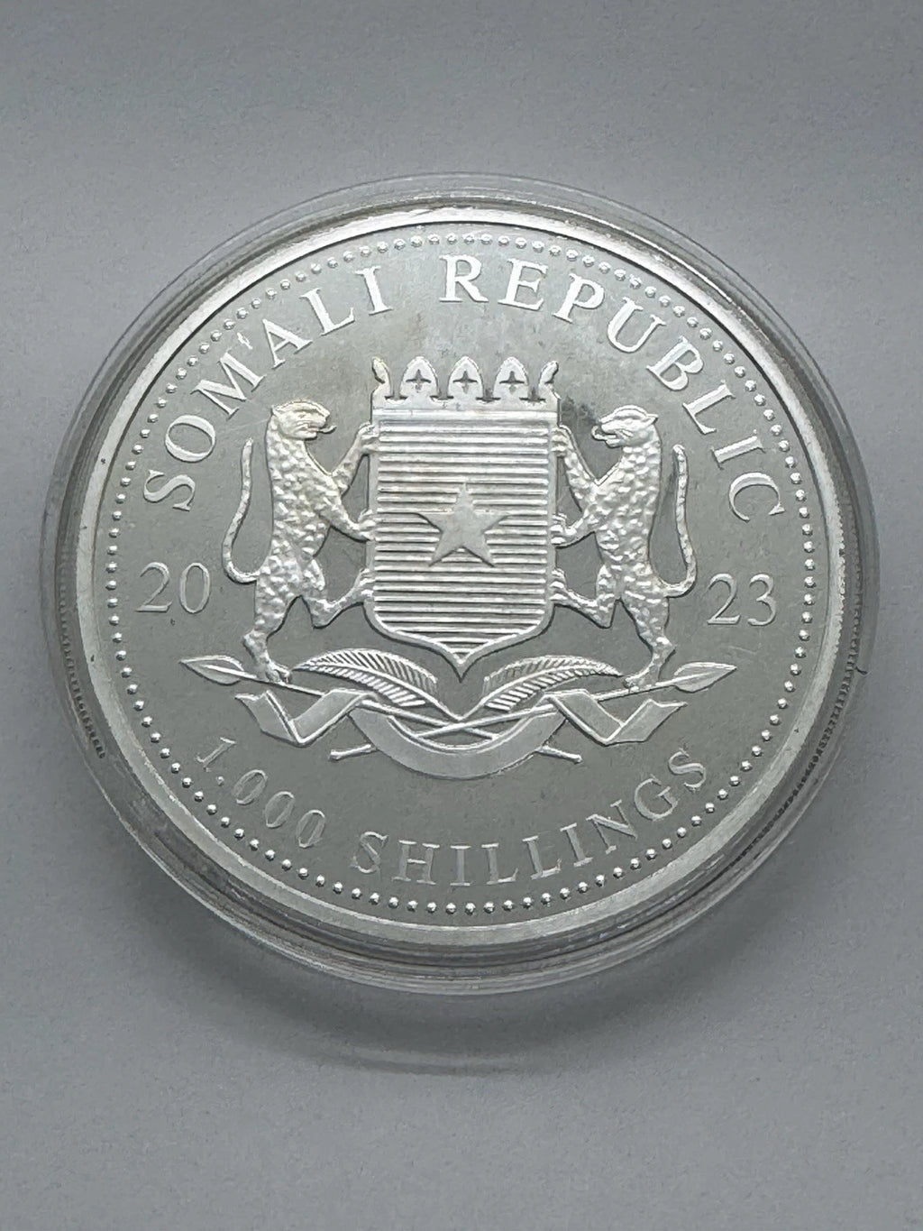2023 Somalia 10 oz Silver African Wildlife Elephant BU Broken Capsule As Is