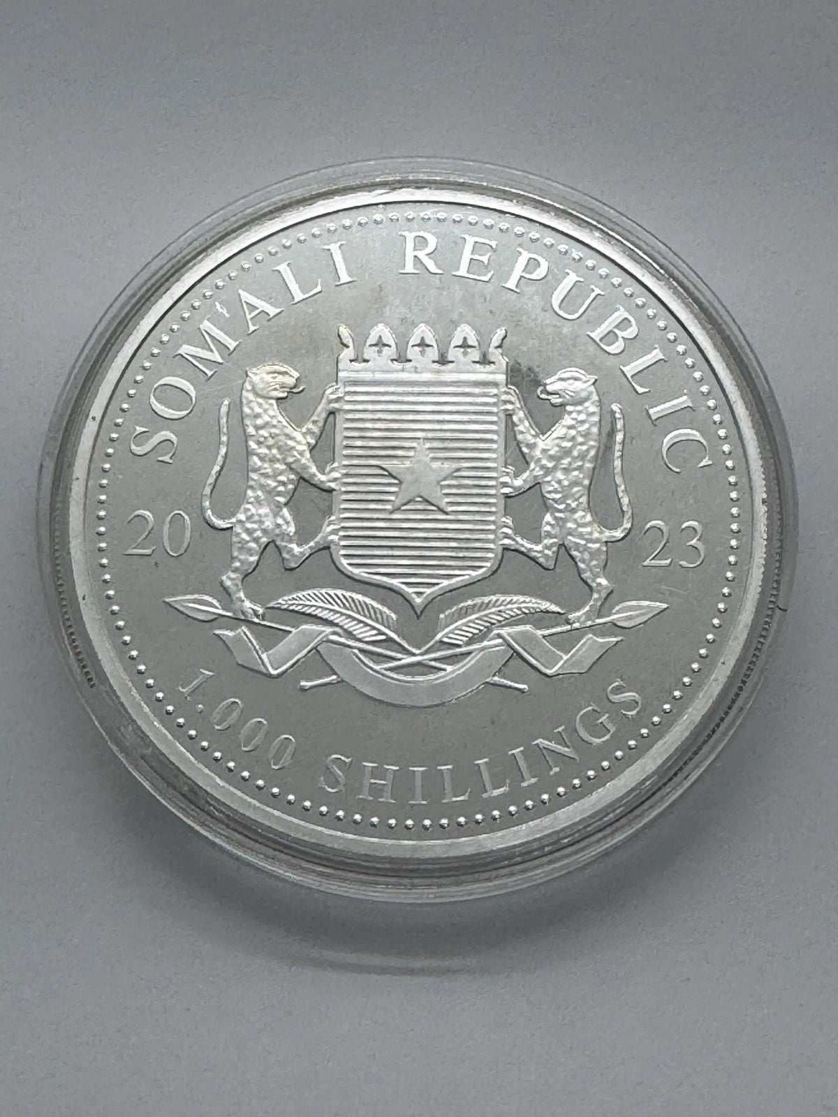 2023 Somalia 10 oz Silver African Wildlife Elephant BU Broken Capsule As Is