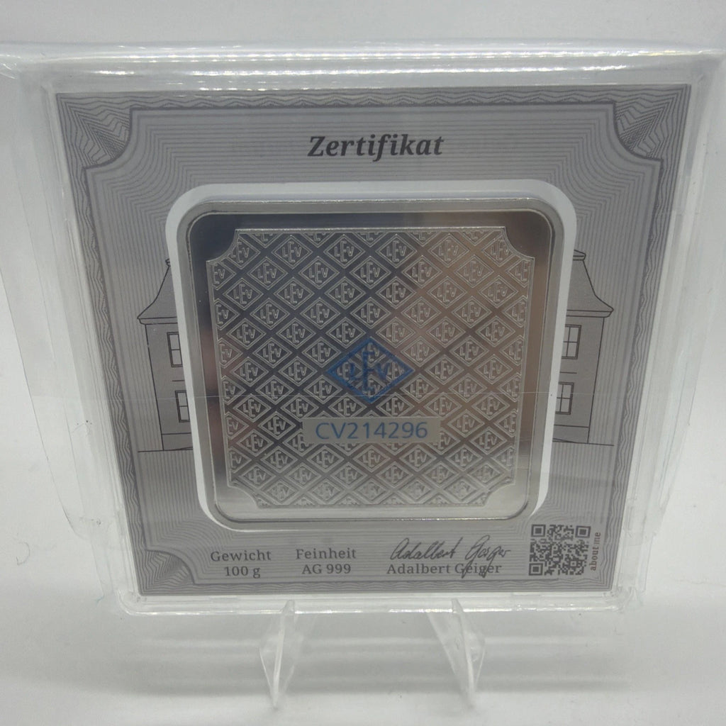 Geiger Edelmetalle 100 Gram .999 Fine Silver Original Square in Assay!