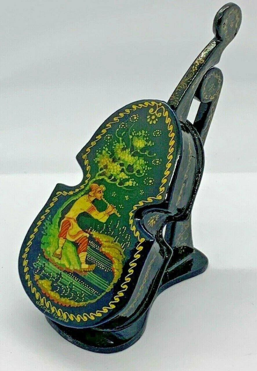 Vintage Russian Cello Shape Lacquer Jewelry Box The Great Song Of LEL Mstera