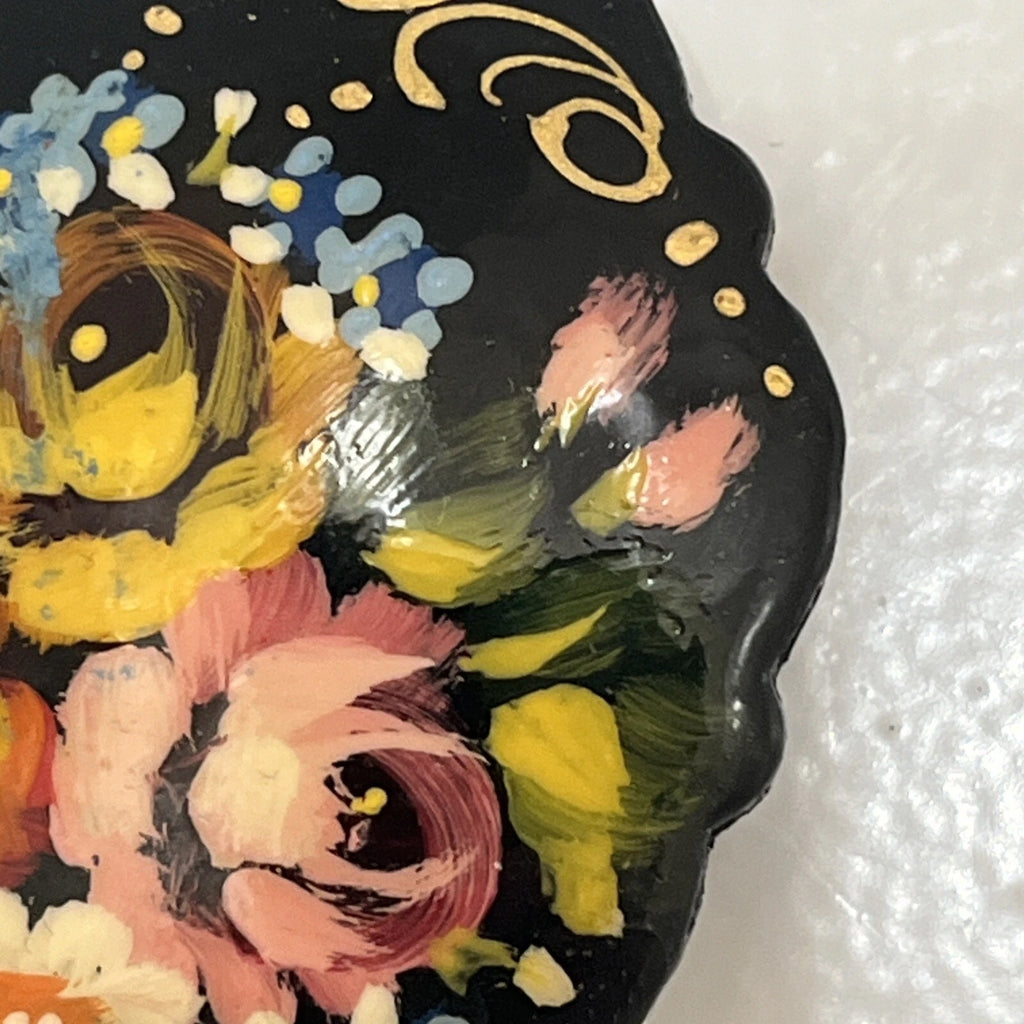 Russian Vintage Hand Painted Lacquered Brooch Jewelry Floral Slavic Craft Art