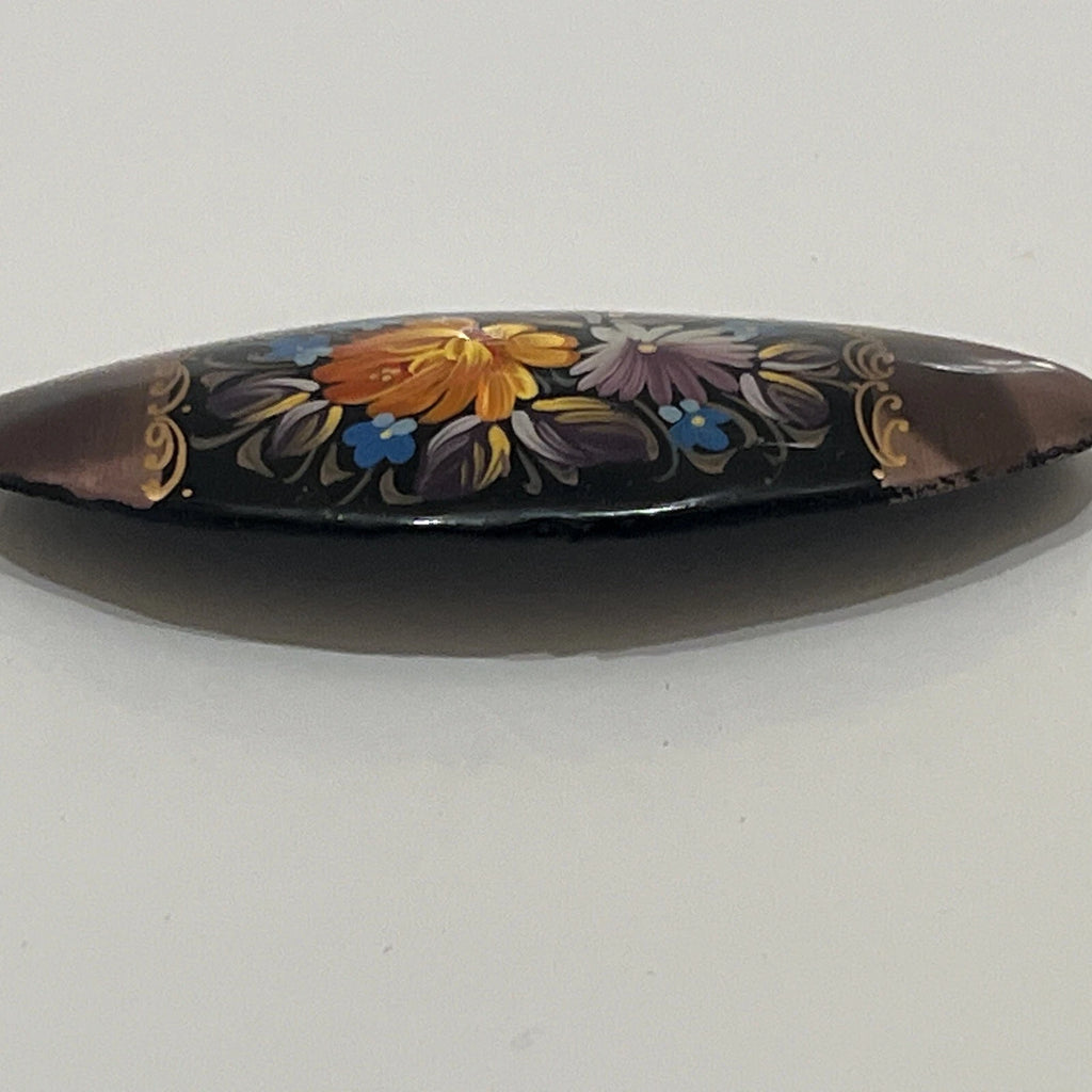 Russian Vintage Hand Painted Lacquered Oval Brooch Jewelry Floral Slavic Art