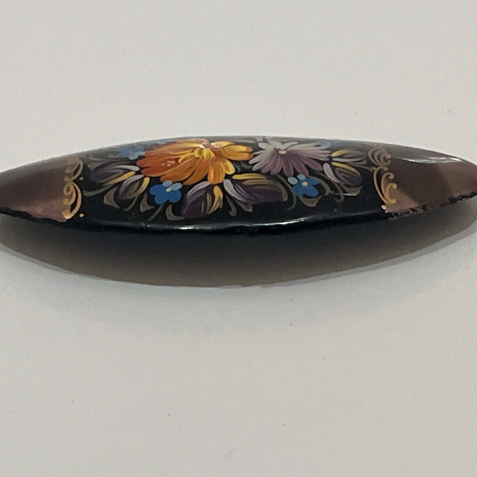 Russian Vintage Hand Painted Lacquered Oval Brooch Jewelry Floral Slavic Art