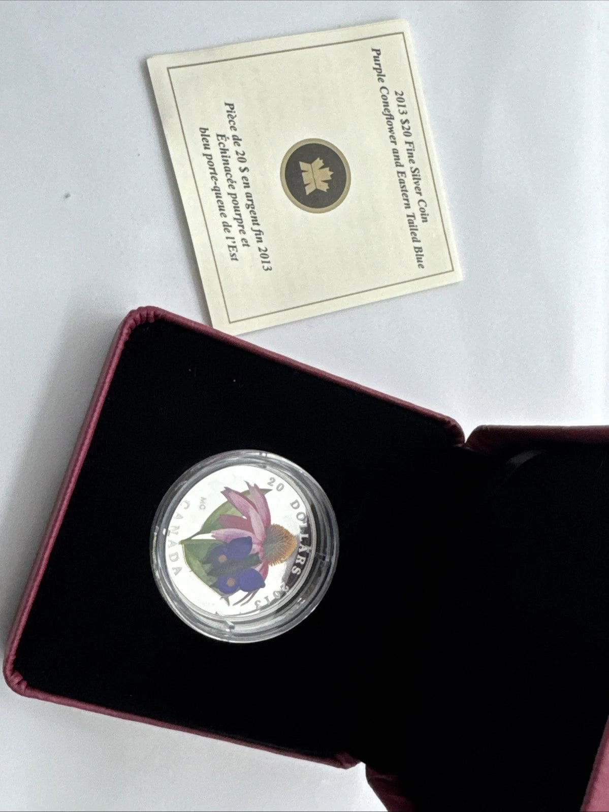 2013 Canada $20 1 oz Silver Purple Coneflower & Venetian Glass Blue Butterfly