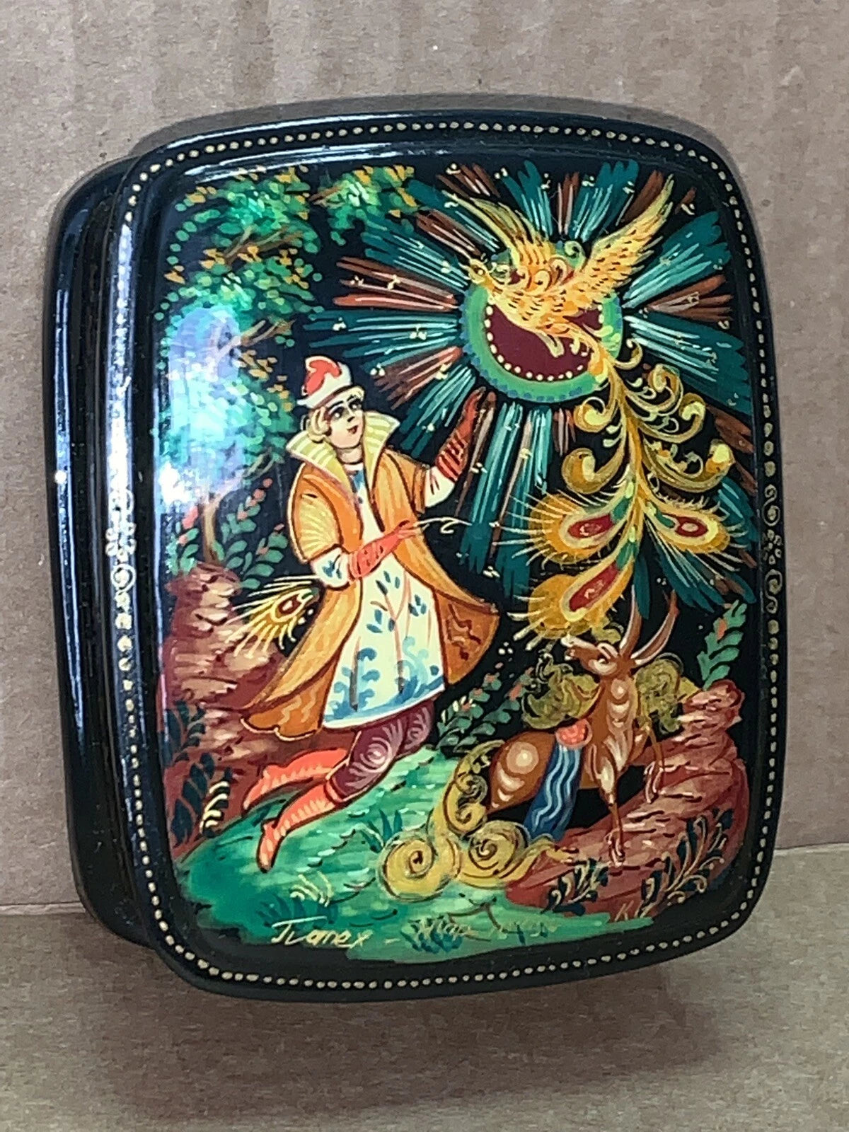 Russian Lacquer Handmade Jewelry Box from Palekh Slavic Folklore of the Firebird