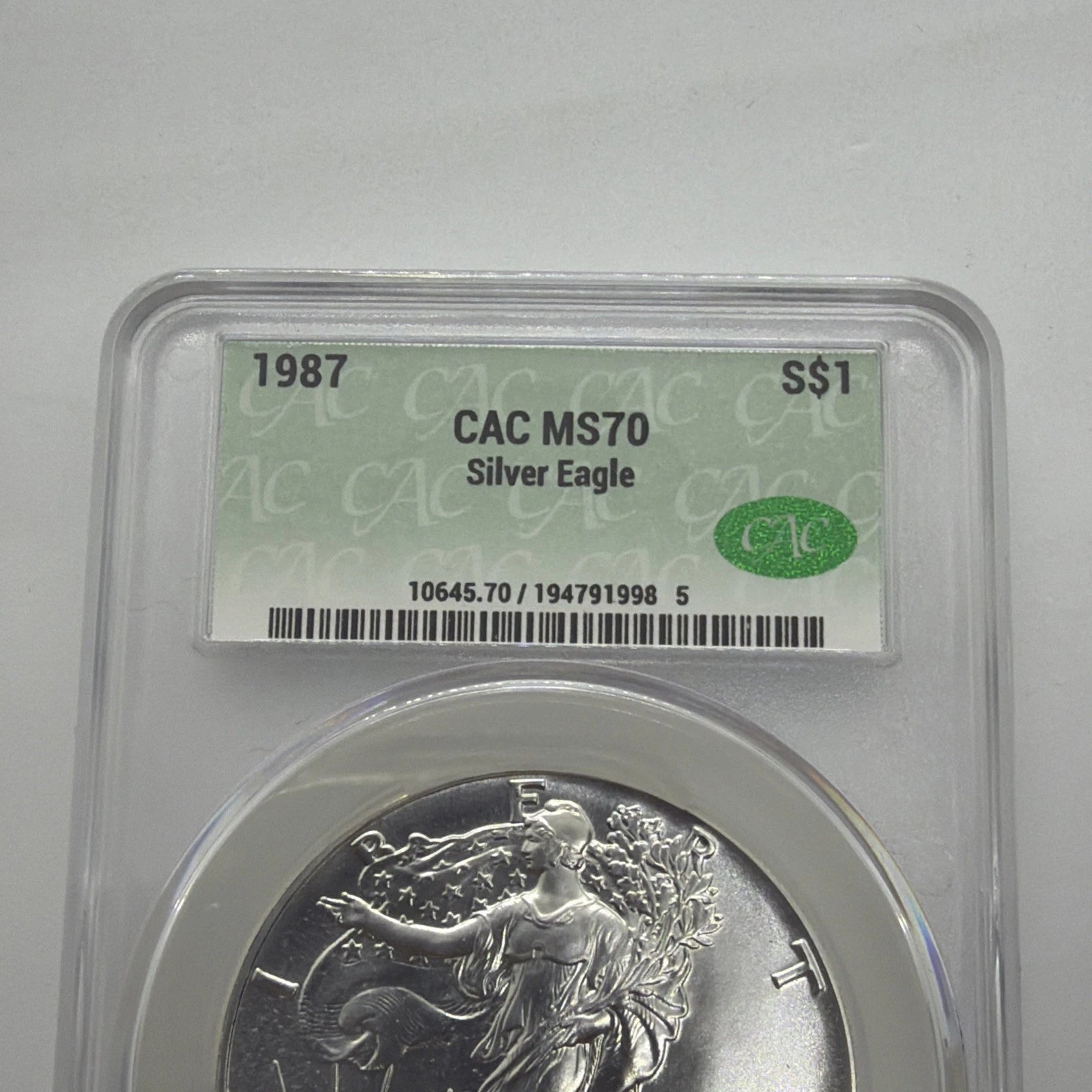 1987 American Silver Eagle CAC MS70 Green Label 1 Oz .999 Fine Silver Coin