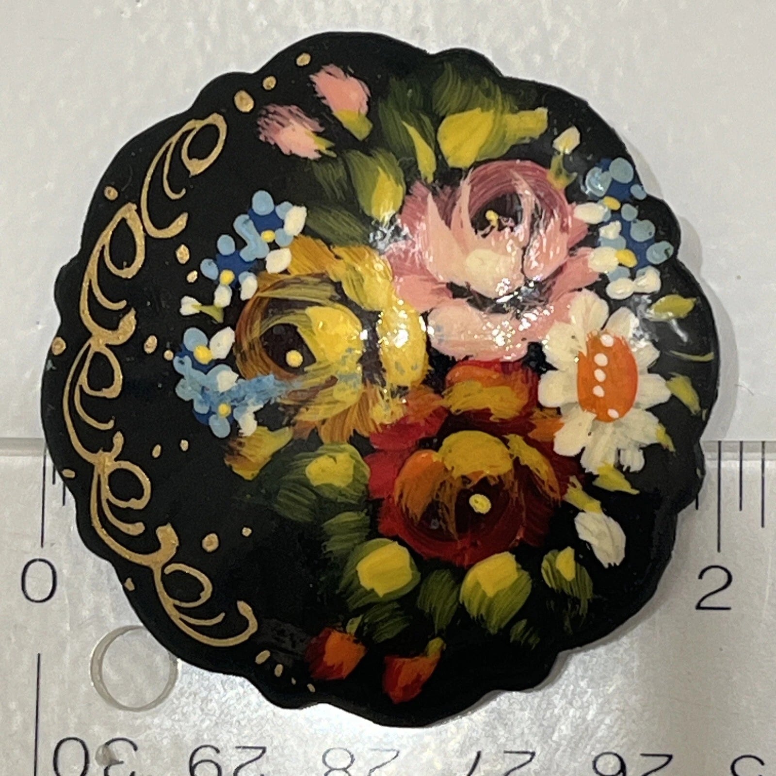 Russian Vintage Hand Painted Lacquered Brooch Jewelry Floral Slavic Craft Art