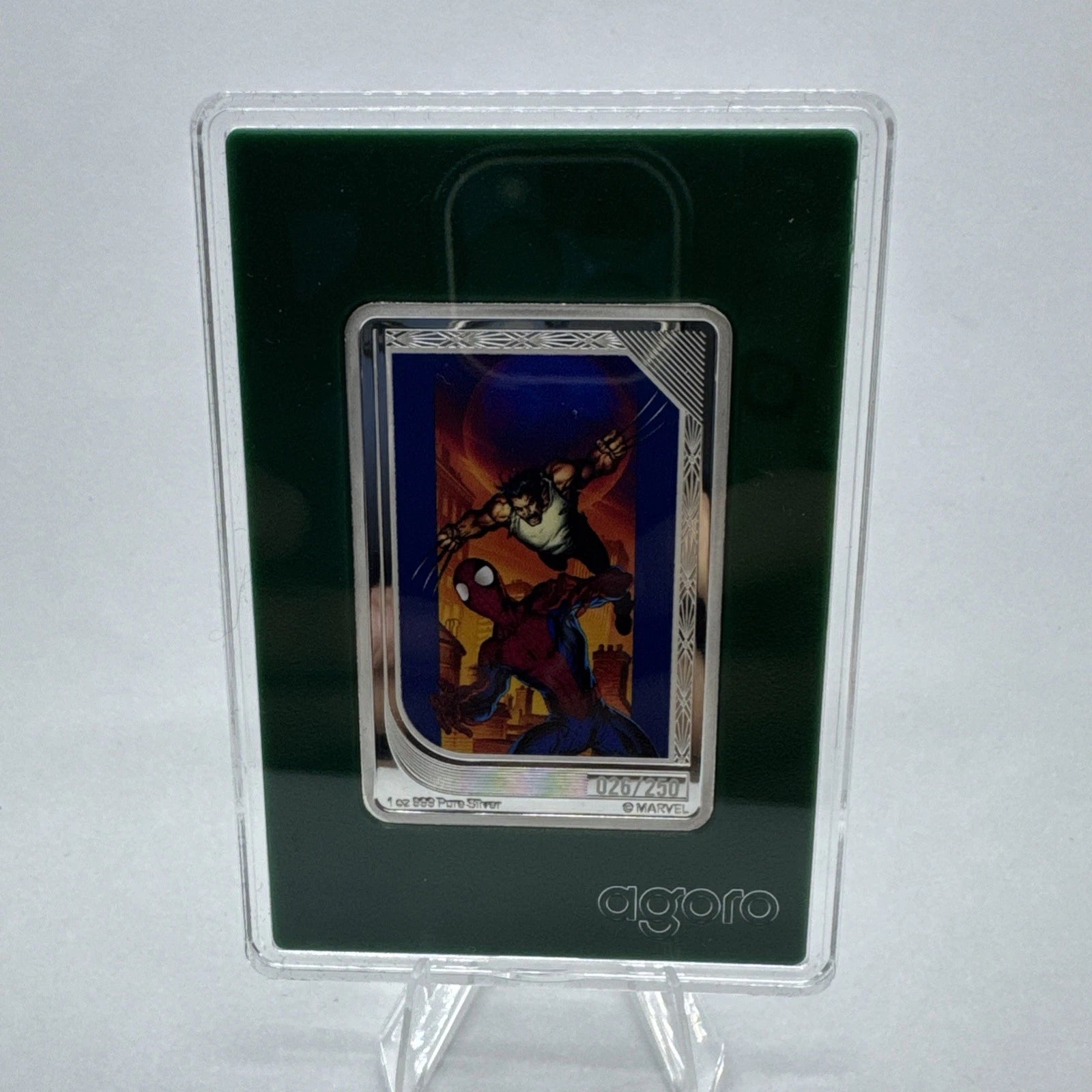 2026 Agoro Art Of Marvel Spider-Man & Wolverine 1oz Silver Emerald Card #26/250