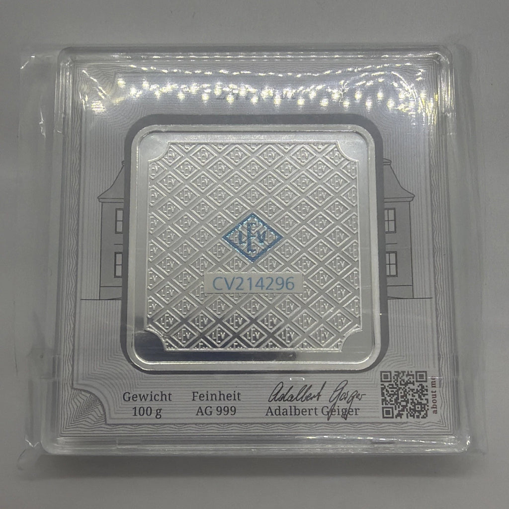 Geiger Edelmetalle 100 Gram .999 Fine Silver Original Square in Assay!