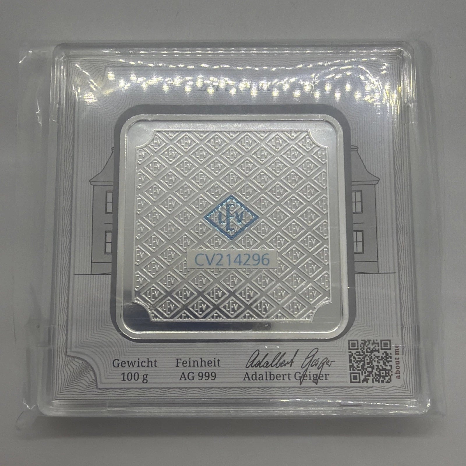 Geiger Edelmetalle 100 Gram .999 Fine Silver Original Square in Assay!