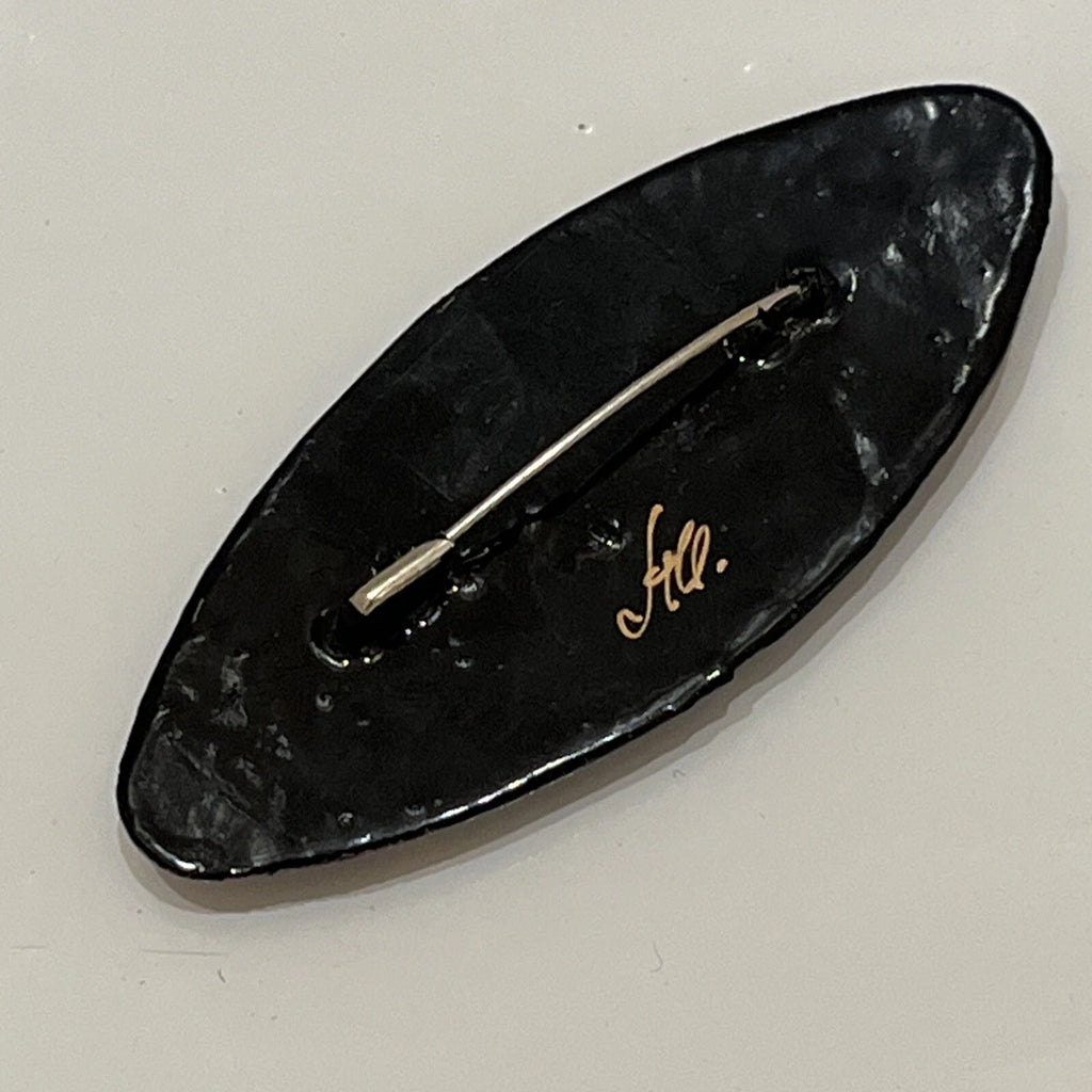 Russian Vintage Hand Painted Lacquered Oval Brooch Jewelry Floral Slavic Art