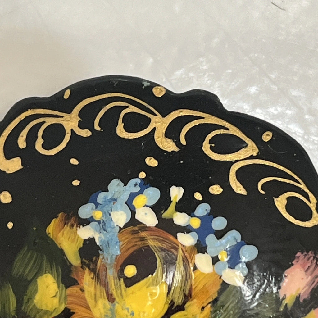 Russian Vintage Hand Painted Lacquered Brooch Jewelry Floral Slavic Craft Art