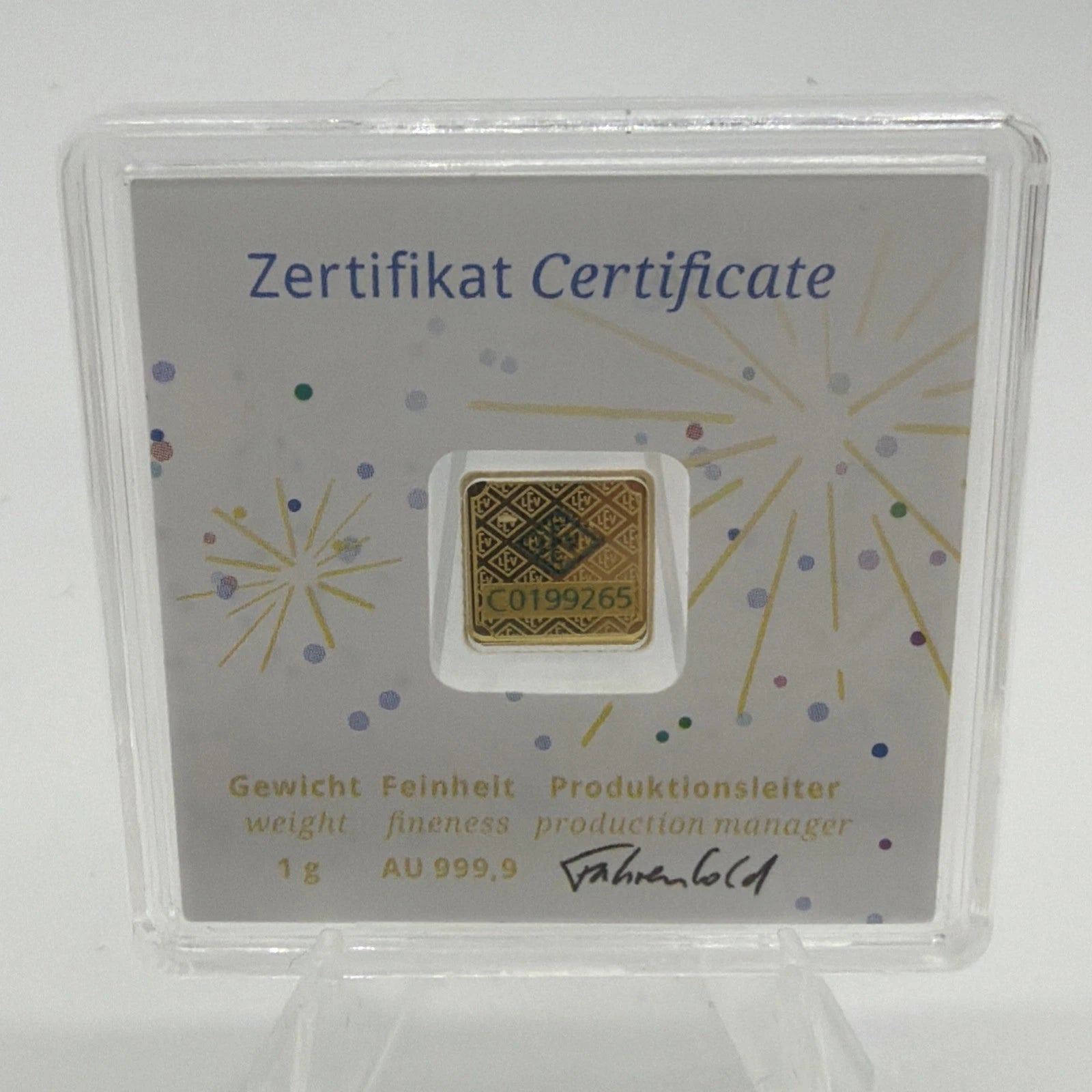 Geiger Edelmetalle 1g 24k 999.9 Gold Celebration Theme In ASSAY LIMITED Congrats