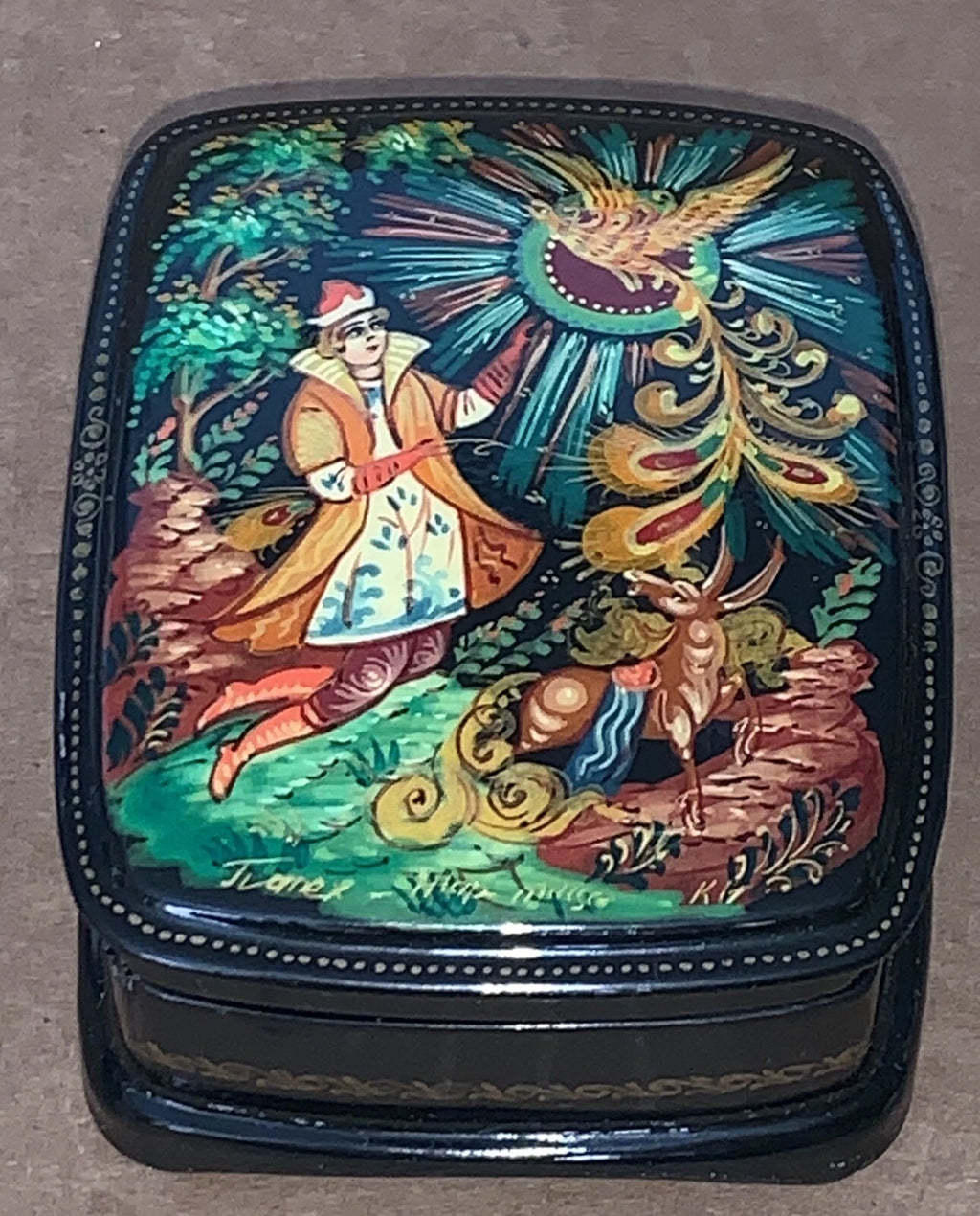 Russian Lacquer Handmade Jewelry Box from Palekh Slavic Folklore of the Firebird