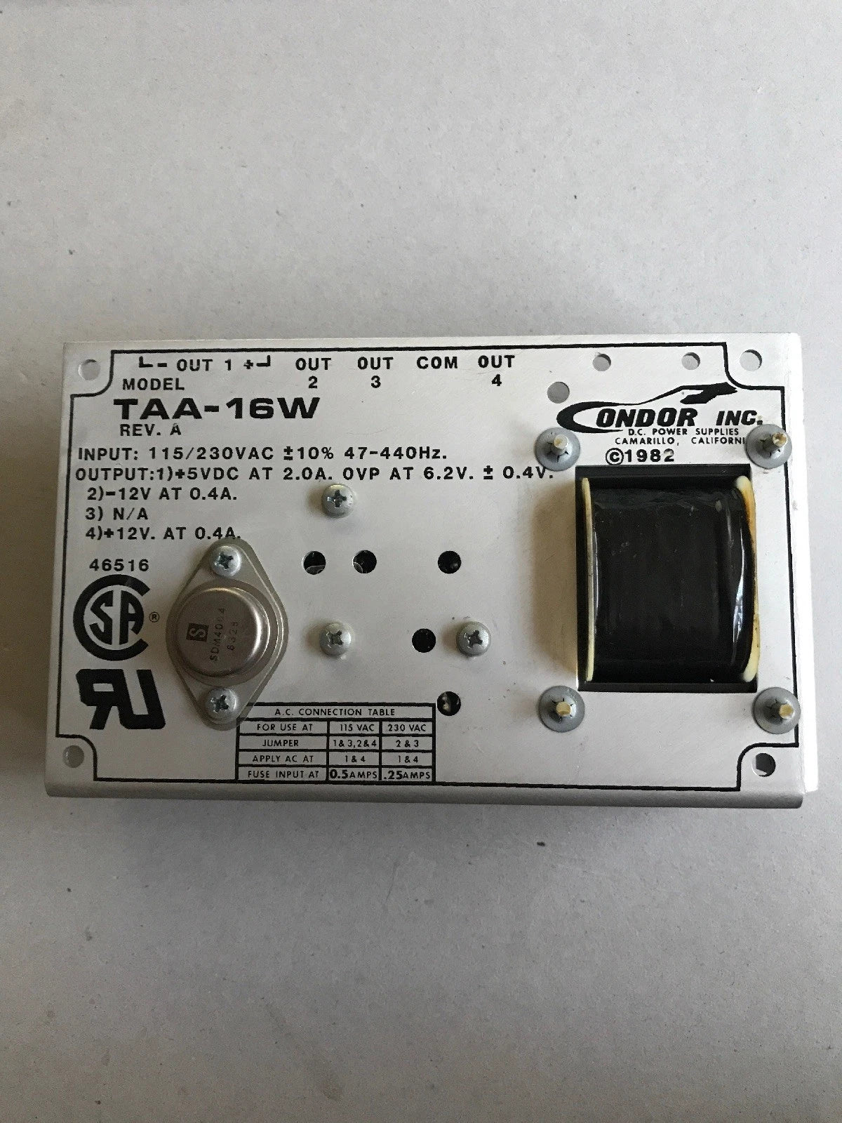 VINTAGE CONDOR D.C. POWER SUPPLY - MODEL TAA-16W C1982 (NOS)