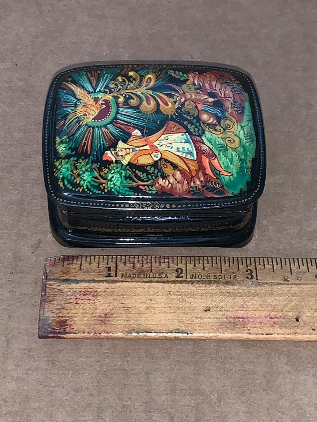 Russian Lacquer Handmade Jewelry Box from Palekh Slavic Folklore of the Firebird