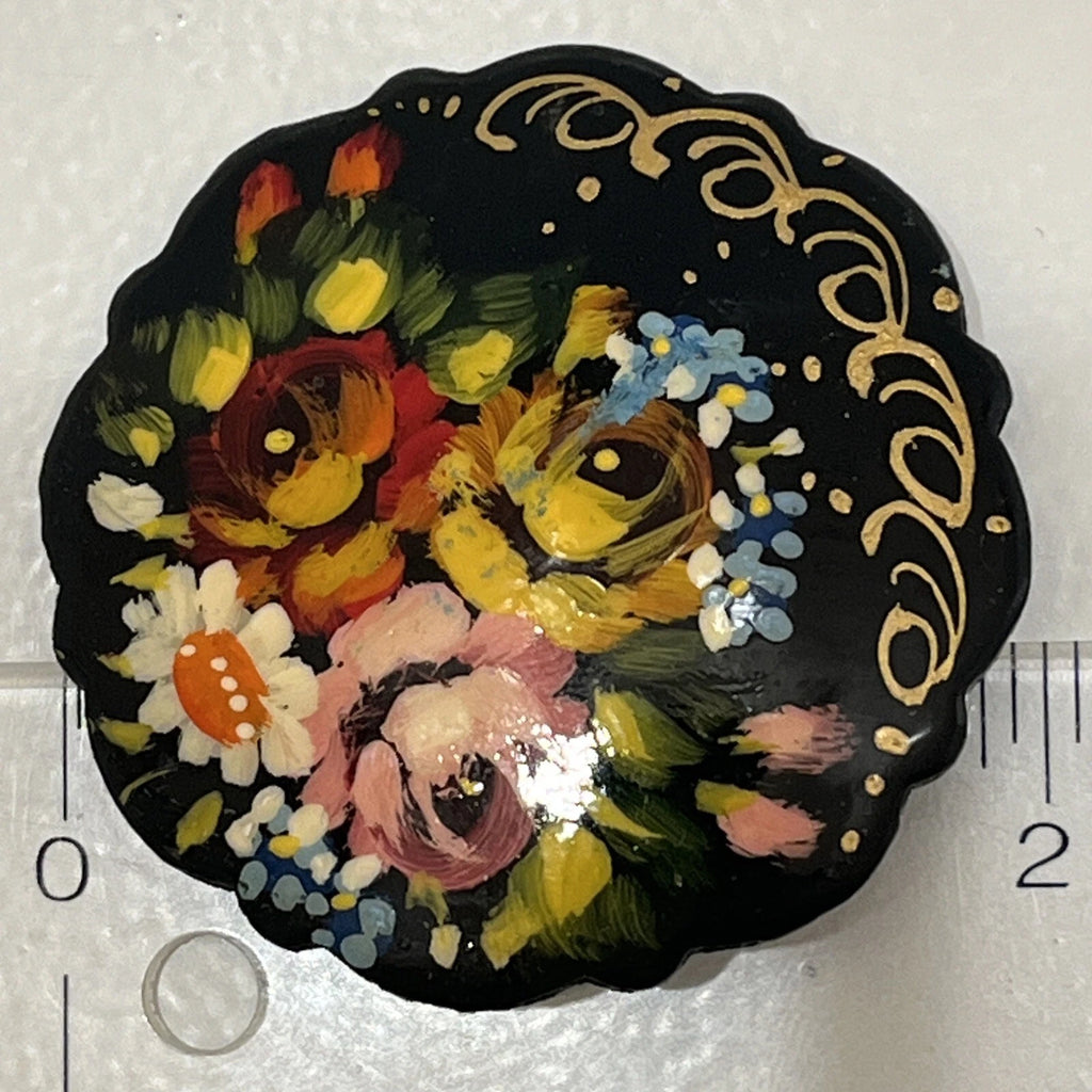 Russian Vintage Hand Painted Lacquered Brooch Jewelry Floral Slavic Craft Art
