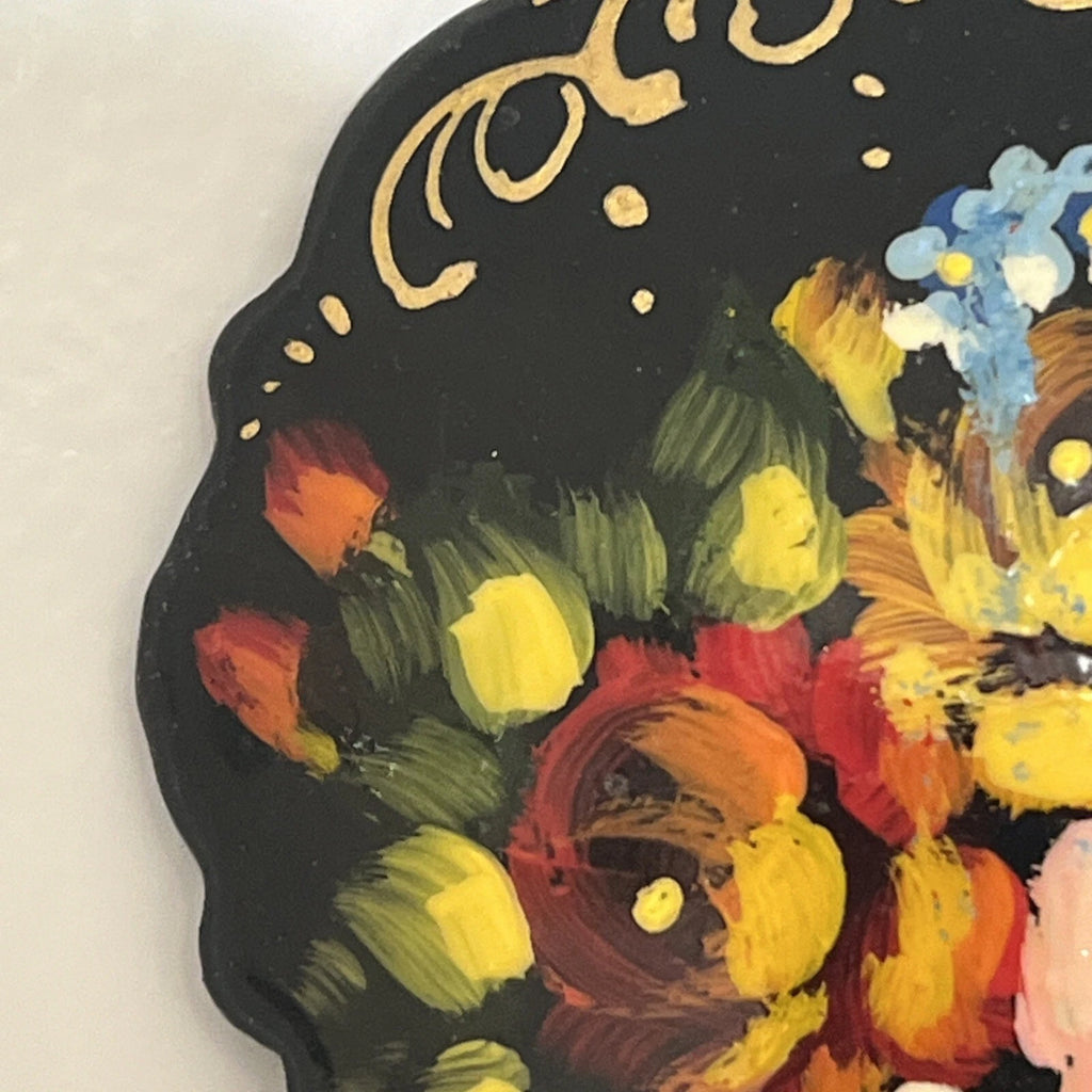Russian Vintage Hand Painted Lacquered Brooch Jewelry Floral Slavic Craft Art