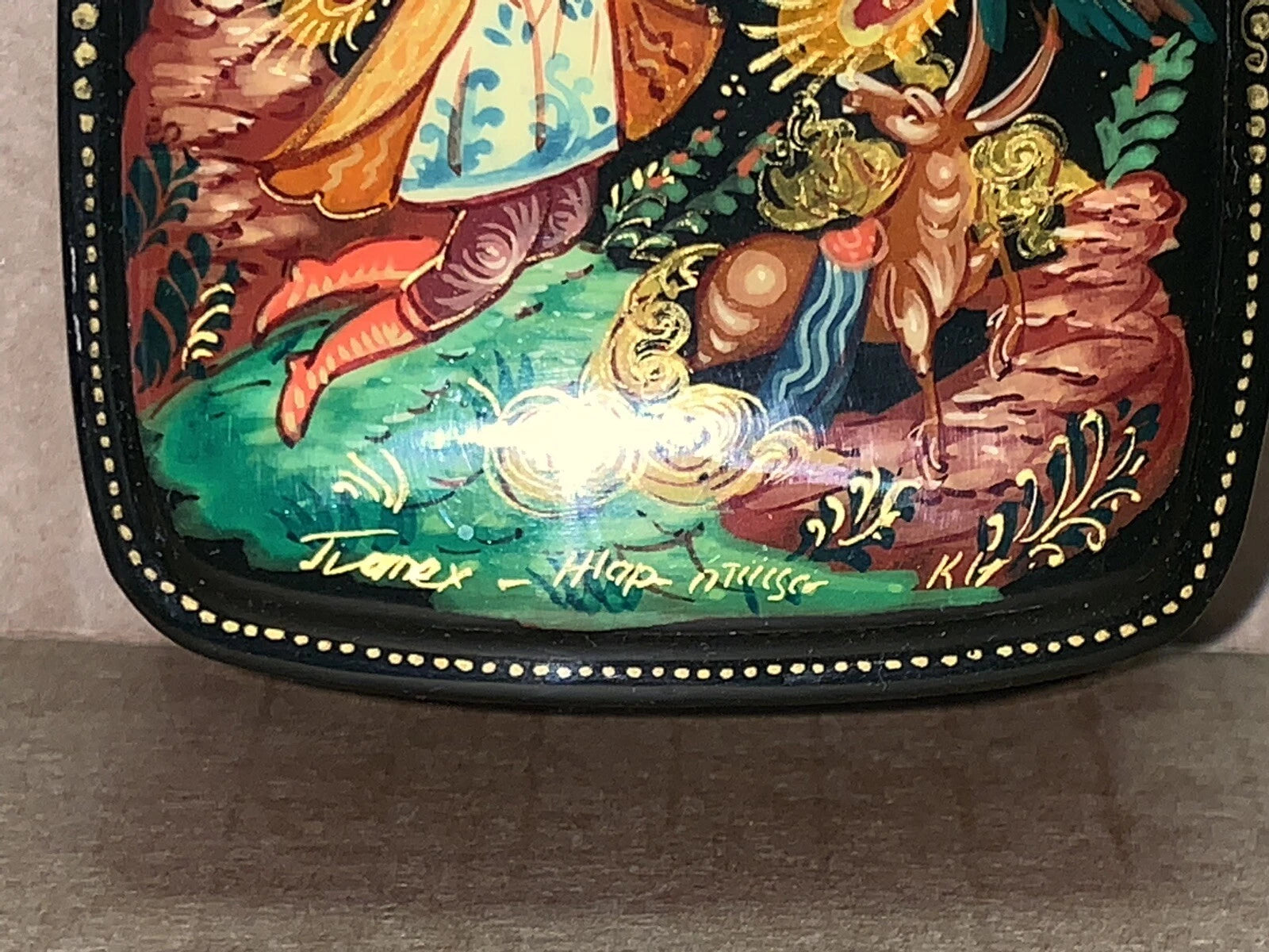 Russian Lacquer Handmade Jewelry Box from Palekh Slavic Folklore of the Firebird