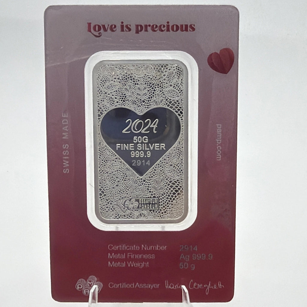 2024 Pamp Love is Precious Heart Holographic 50 Gram Silver Bar In Assay Limited