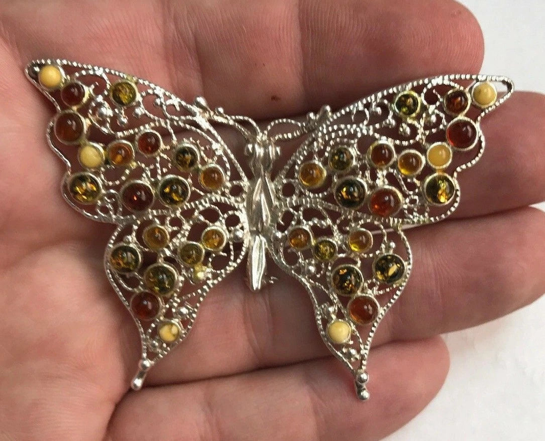 Vintage Butterfly Multi Color Russian Amber & Sterling Silver Fine Broach / Pin