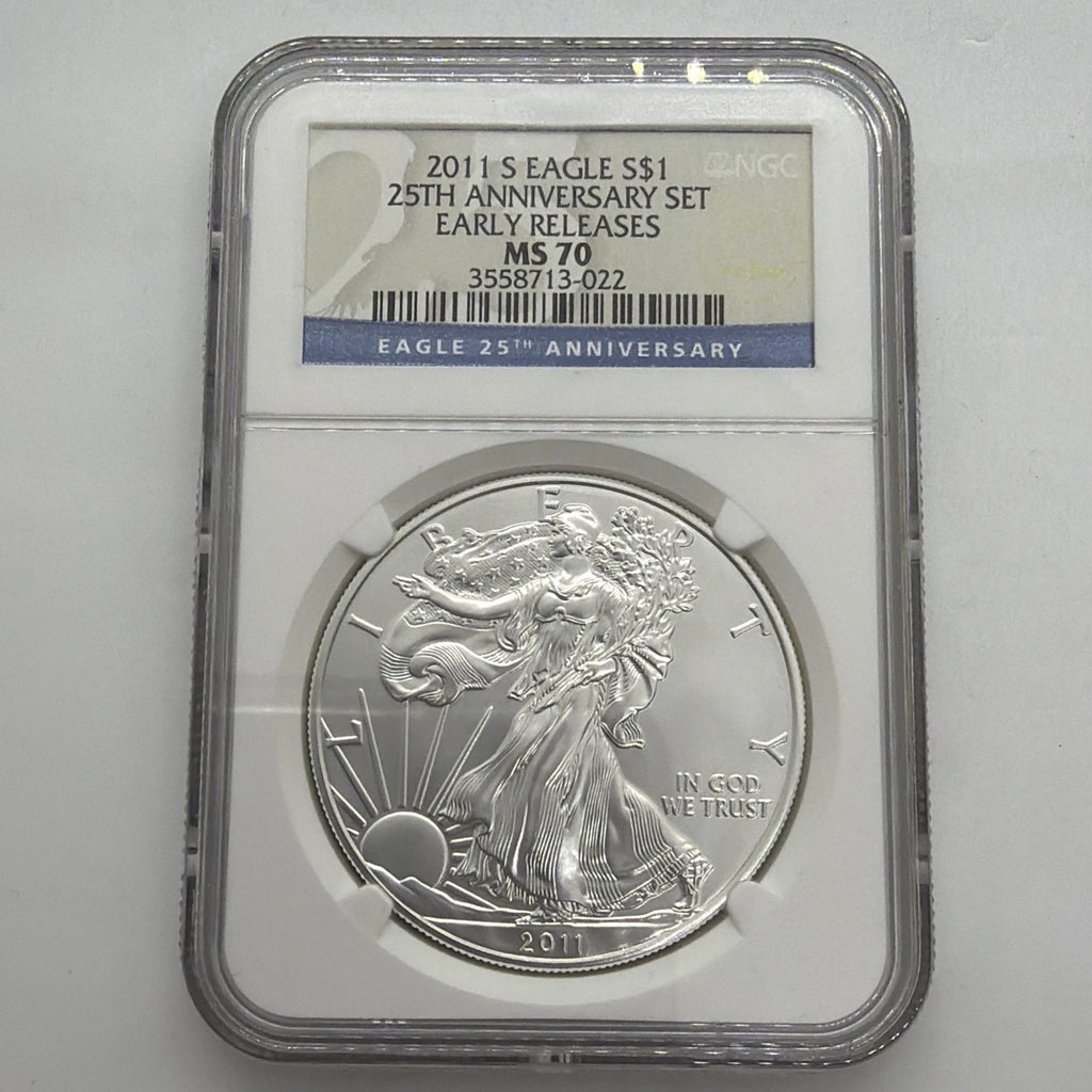 2011 S SILVER EAGLE NGC MS70 EARLY RELEASES FROM THE 25TH ANNIVERSARY SET LABEL