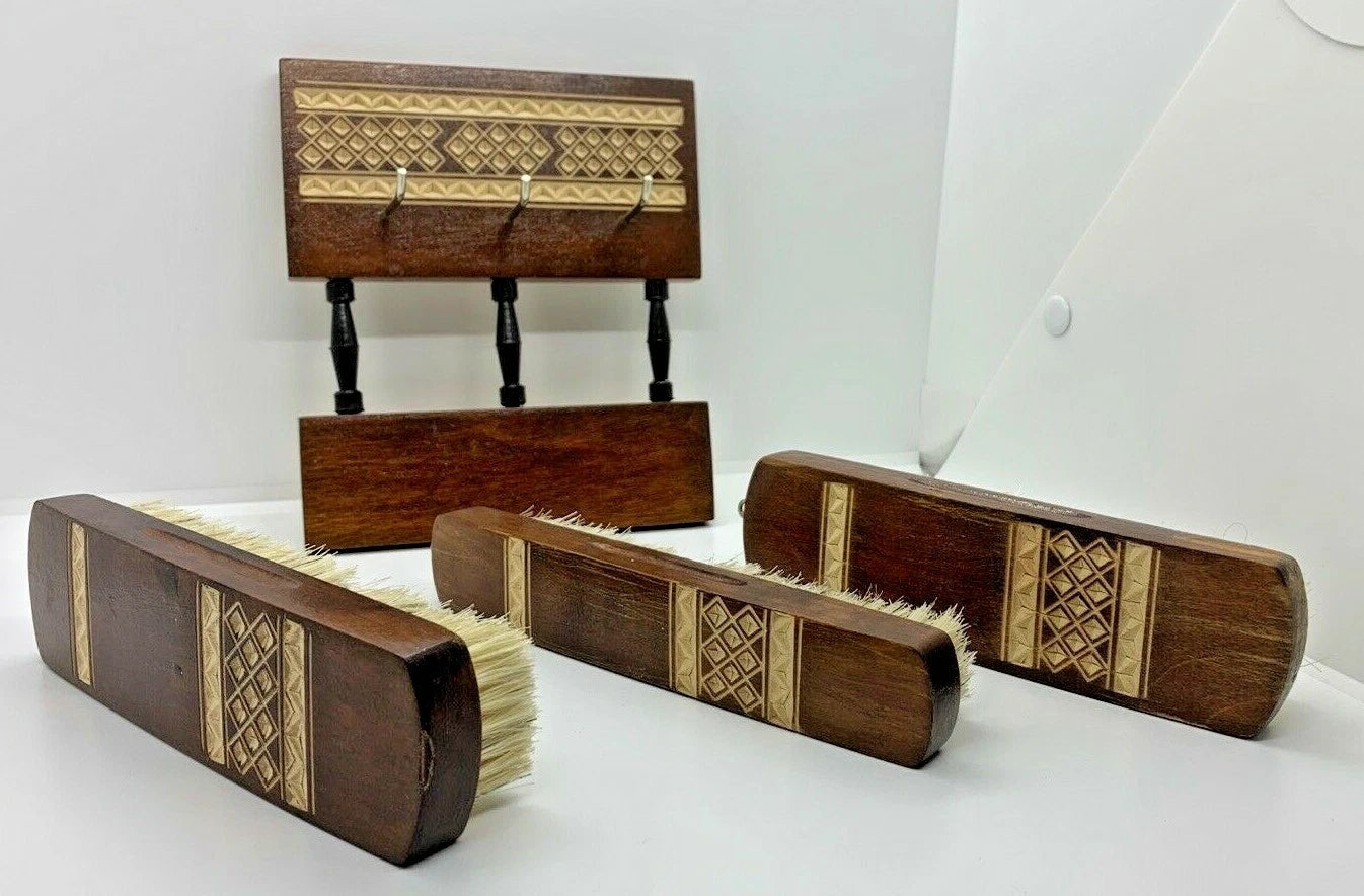 Vintage Russian Shoe Brush (3) Set Made in USSR Natural Wooden Hand Made Carved