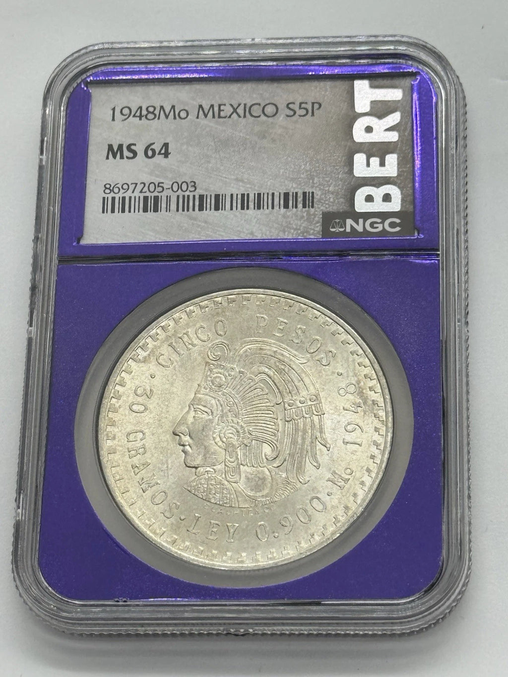 1948 Mo Mexico NGC MS64 Silver 5 Pesos S5P Cinco Pesos Cuauhtemoc BERT
