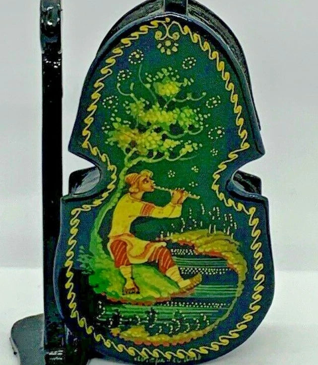 Vintage Russian Cello Shape Lacquer Jewelry Box The Great Song Of LEL Mstera