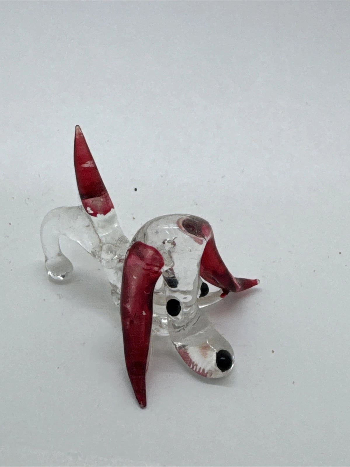 Hand Made Russian Murano glass Vintage Clear & Red Ears Dog