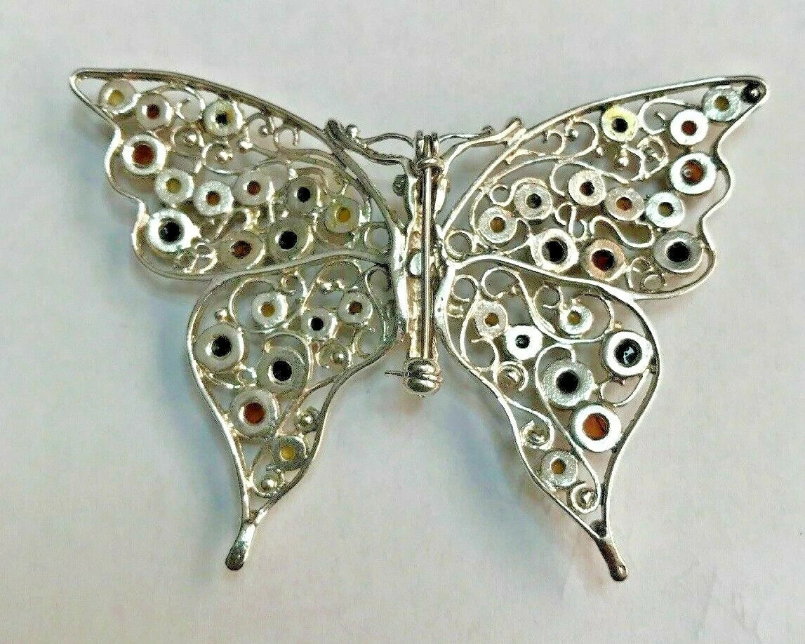 Vintage Butterfly Multi Color Russian Amber & Sterling Silver Fine Broach / Pin