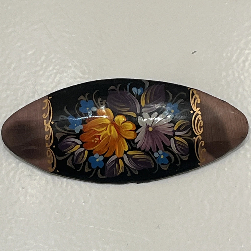 Russian Vintage Hand Painted Lacquered Oval Brooch Jewelry Floral Slavic Art