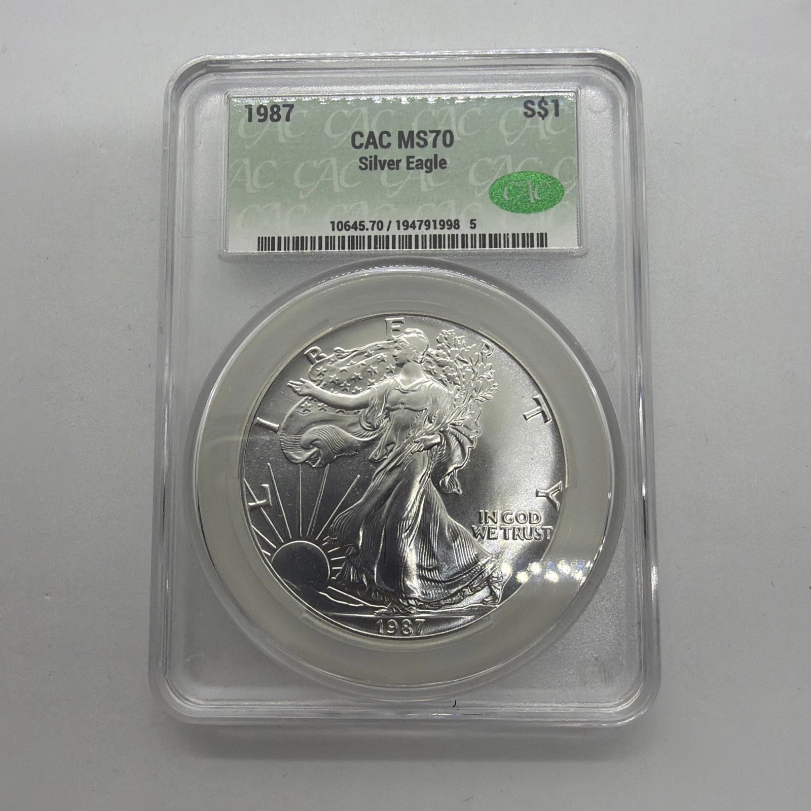 1987 American Silver Eagle CAC MS70 Green Label 1 Oz .999 Fine Silver Coin
