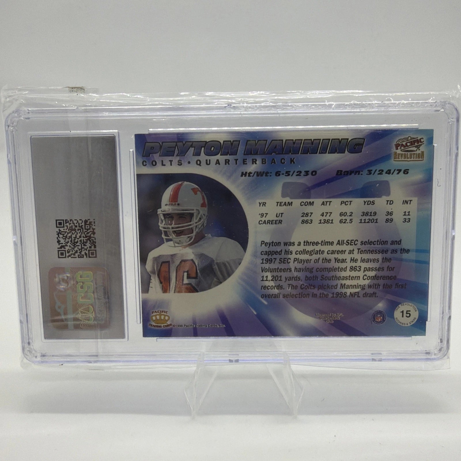 1998 Pacific Revolution #15 Peyton Manning Rookies & Stars RC CSG 8 Colts