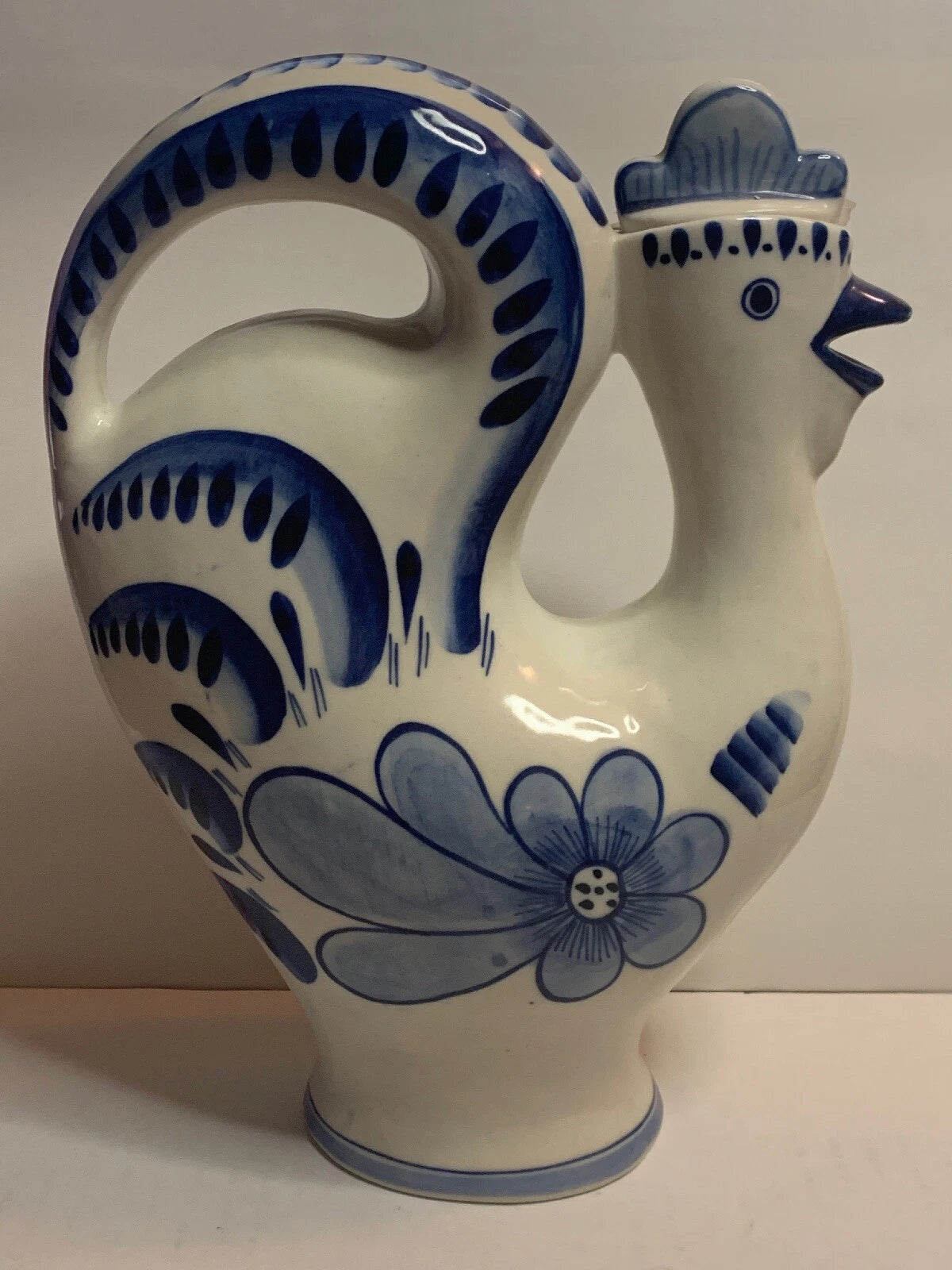 (2) GZHEL HAND PAINTED RUSSIAN USSR PORCELAIN 10” PITCHER DECANTER ROOSTERs