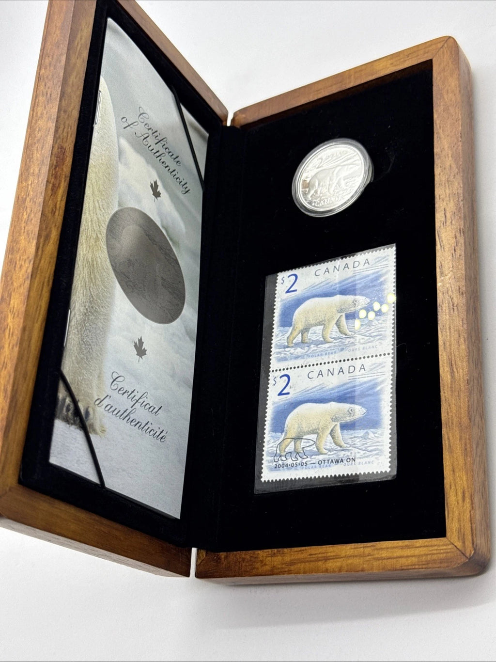 2004 Canada Polar Bear Silver Coin + Stamp Set – RCM OGP – Proof