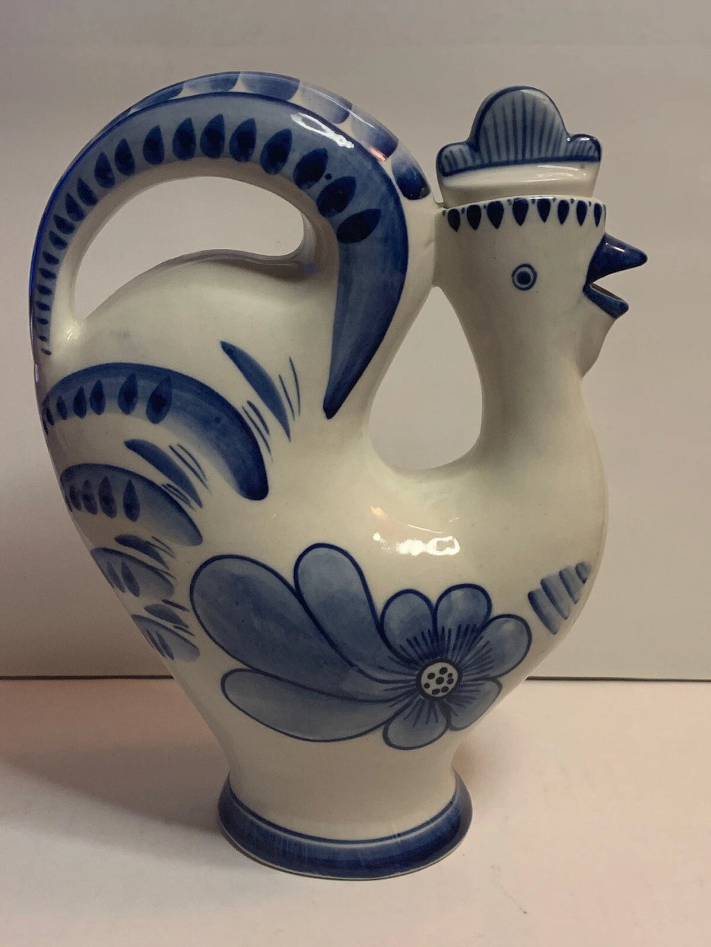 (2) GZHEL HAND PAINTED RUSSIAN USSR PORCELAIN 10” PITCHER DECANTER ROOSTERs