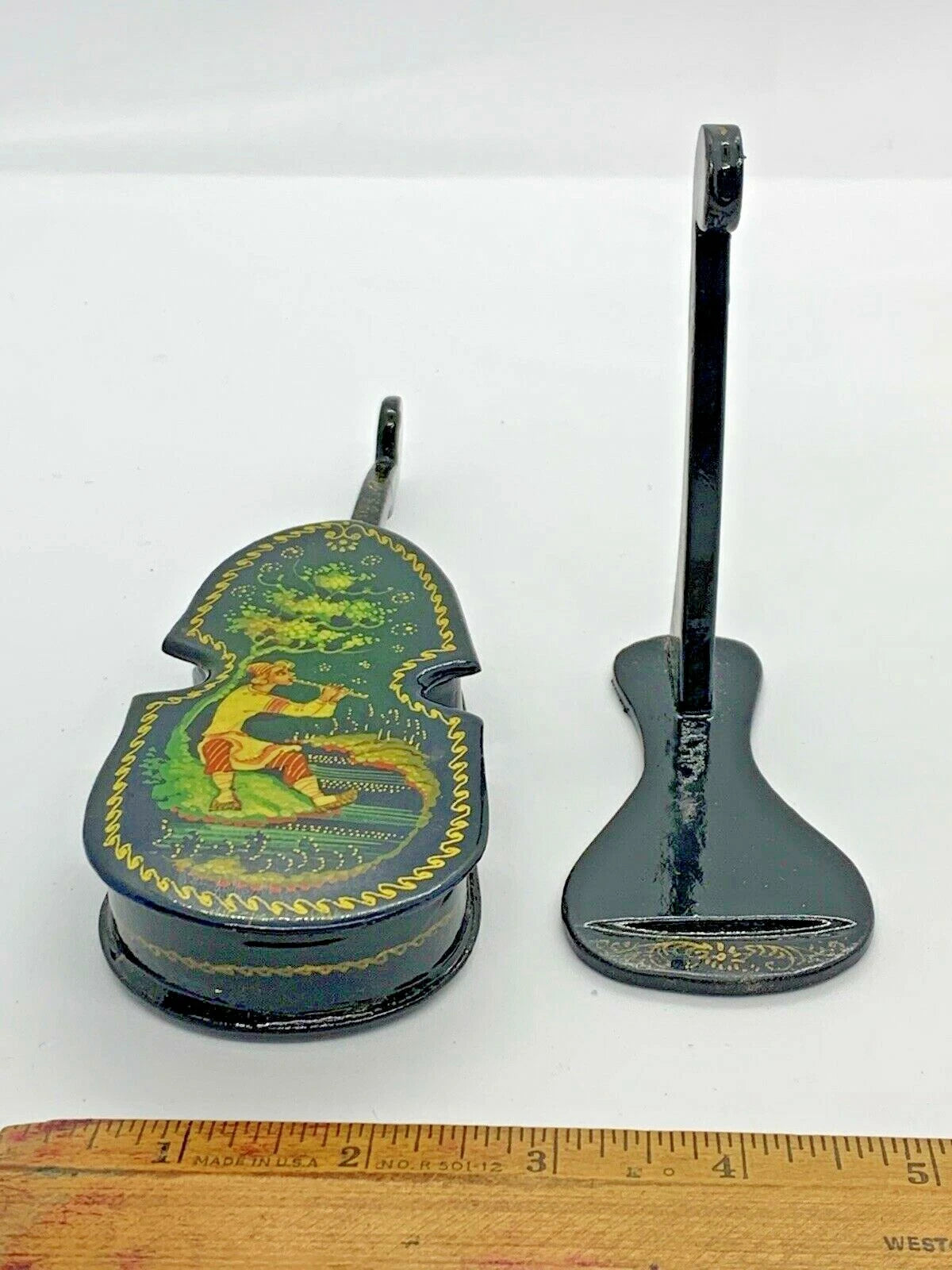 Vintage Russian Cello Shape Lacquer Jewelry Box The Great Song Of LEL Mstera