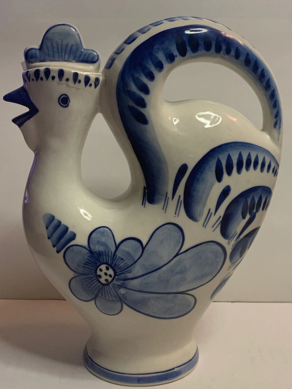 (2) GZHEL HAND PAINTED RUSSIAN USSR PORCELAIN 10” PITCHER DECANTER ROOSTERs
