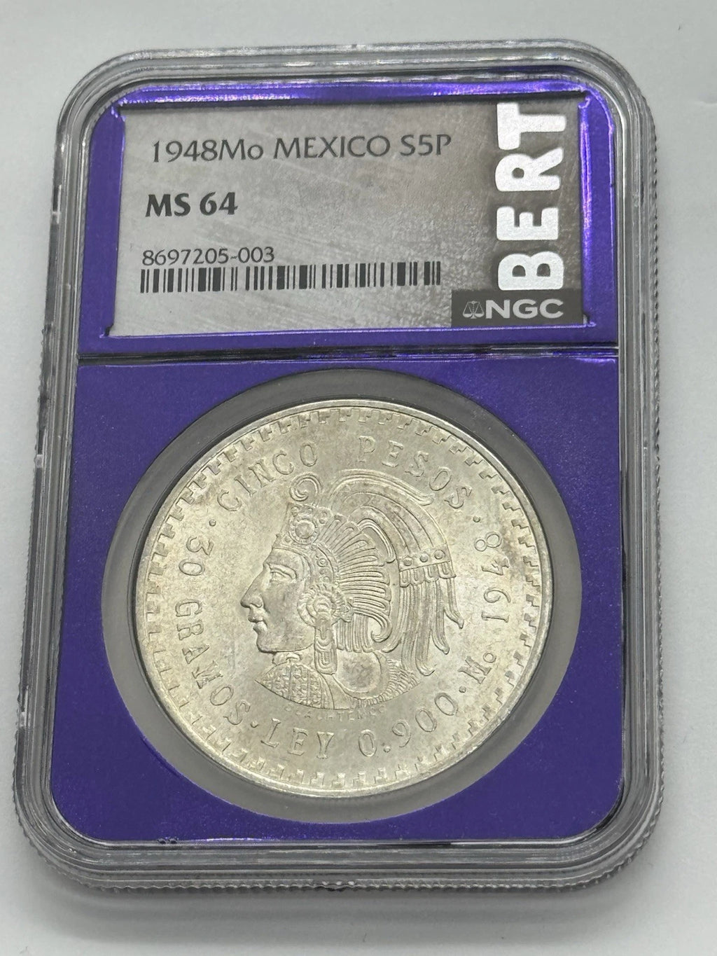 1948 Mo Mexico NGC MS64 Silver 5 Pesos S5P Cinco Pesos Cuauhtemoc BERT