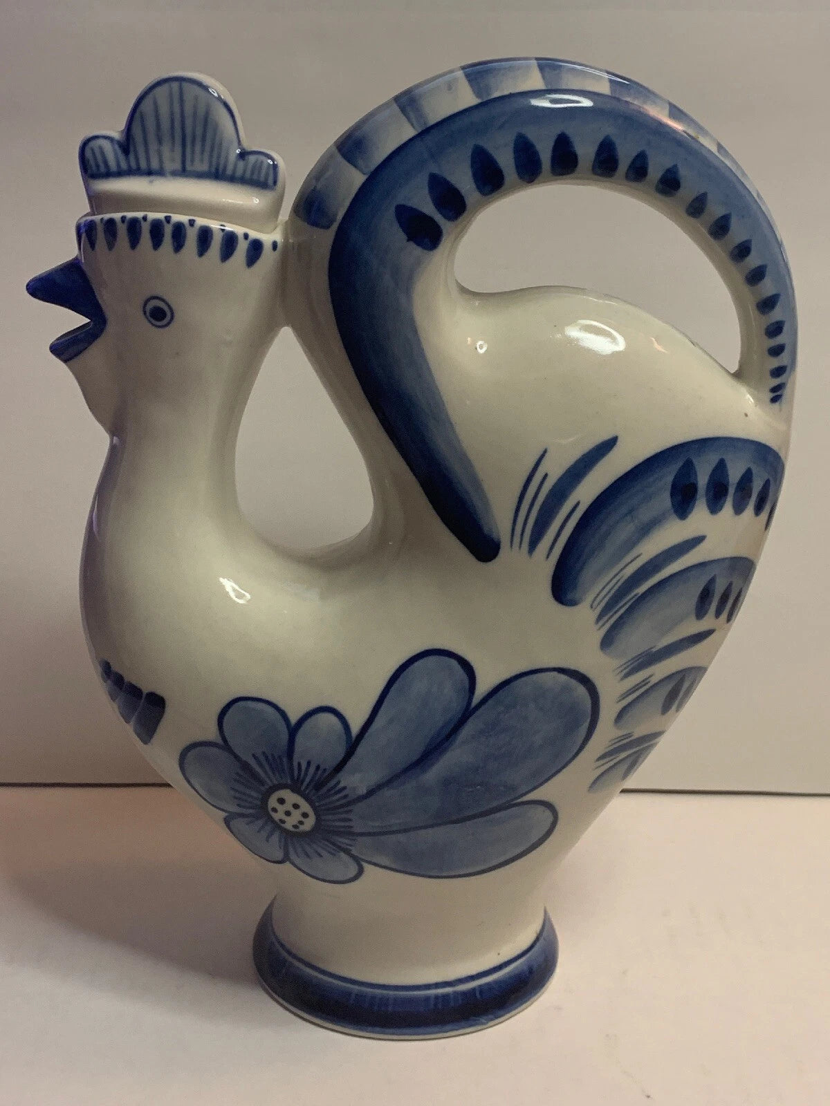 (2) GZHEL HAND PAINTED RUSSIAN USSR PORCELAIN 10” PITCHER DECANTER ROOSTERs
