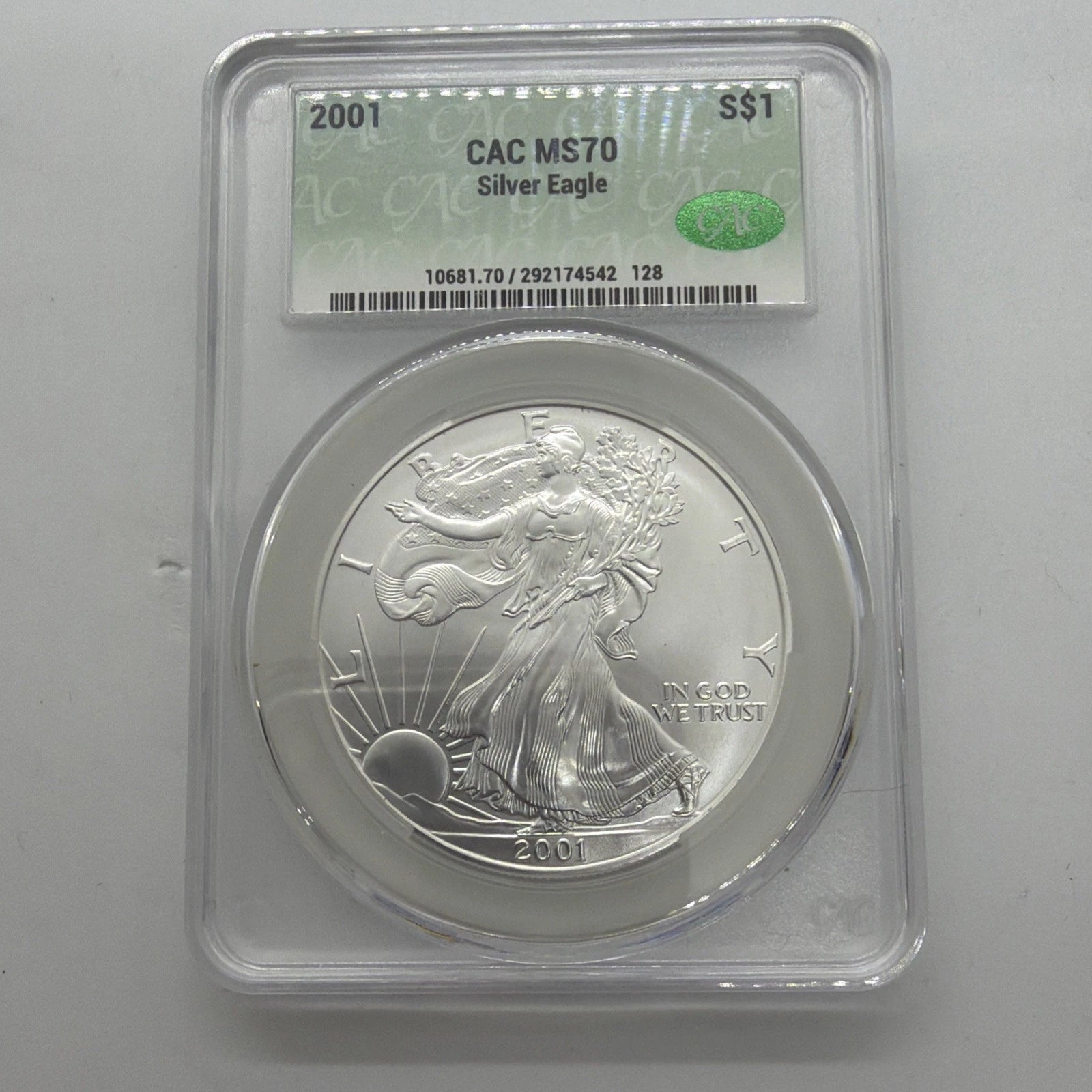 2001 American Silver Eagle CAC MS70 Green Label 1 Oz .999 Fine Silver Coin