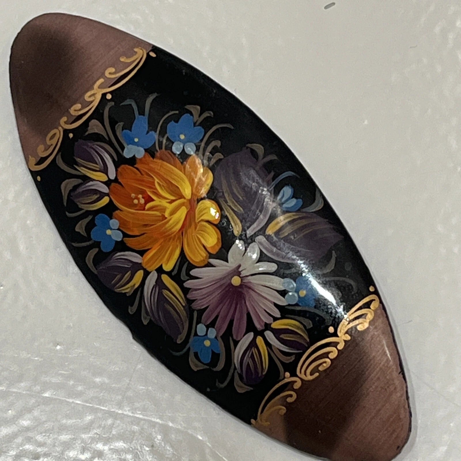 Russian Vintage Hand Painted Lacquered Oval Brooch Jewelry Floral Slavic Art