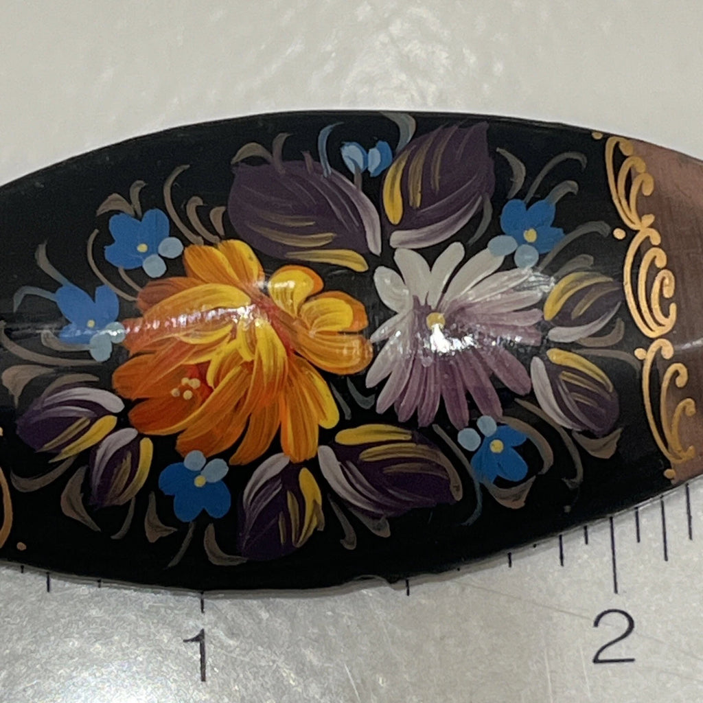Russian Vintage Hand Painted Lacquered Oval Brooch Jewelry Floral Slavic Art