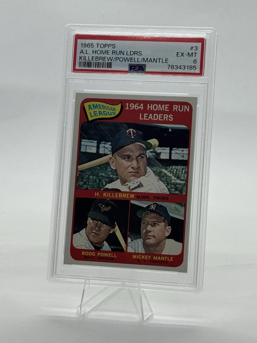 1965 Topps #3 Killebrew / Powell / Mantle PSA 6 AL Home Run Leaders (0751)