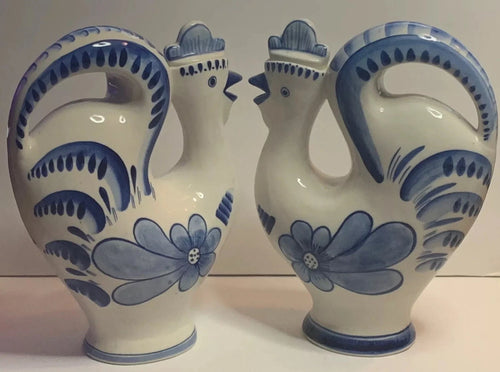 (2) GZHEL HAND PAINTED RUSSIAN USSR PORCELAIN 10” PITCHER DECANTER ROOSTERs