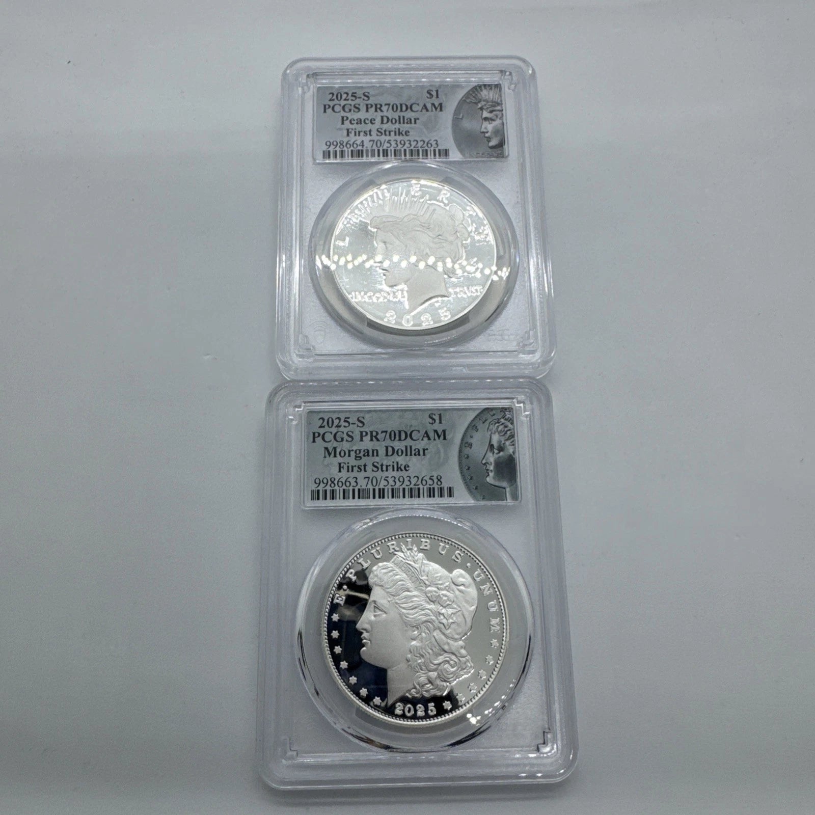 2025 S Proof $1 Morgan and Peace Dollar 2pc Set PCGS PR70 FS Morgan 8A