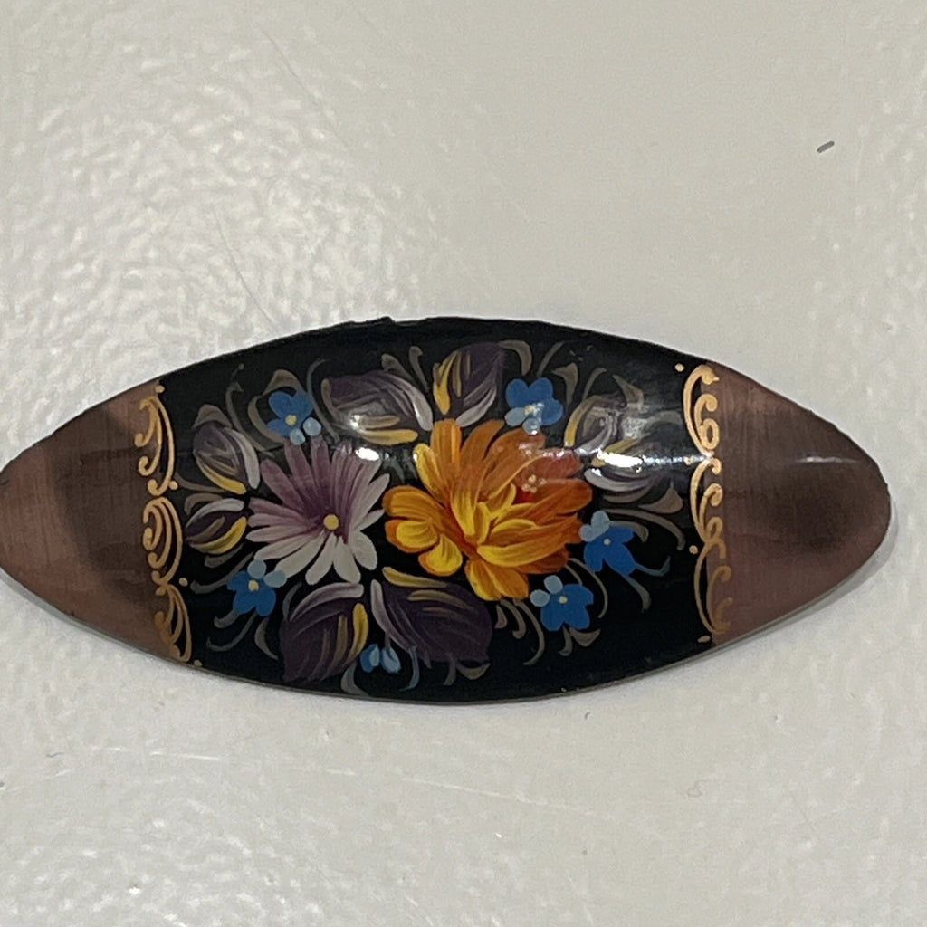 Russian Vintage Hand Painted Lacquered Oval Brooch Jewelry Floral Slavic Art