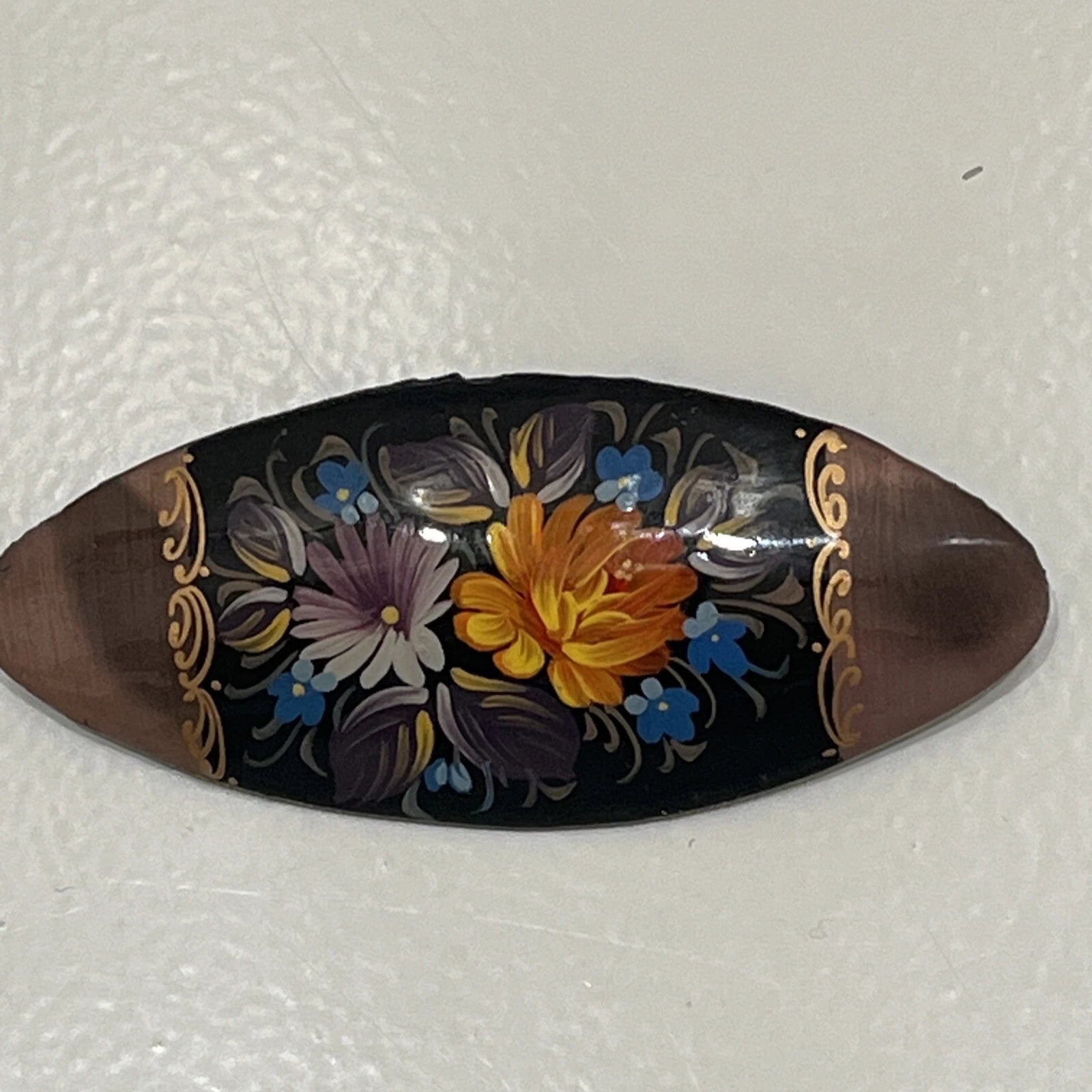 Russian Vintage Hand Painted Lacquered Oval Brooch Jewelry Floral Slavic Art