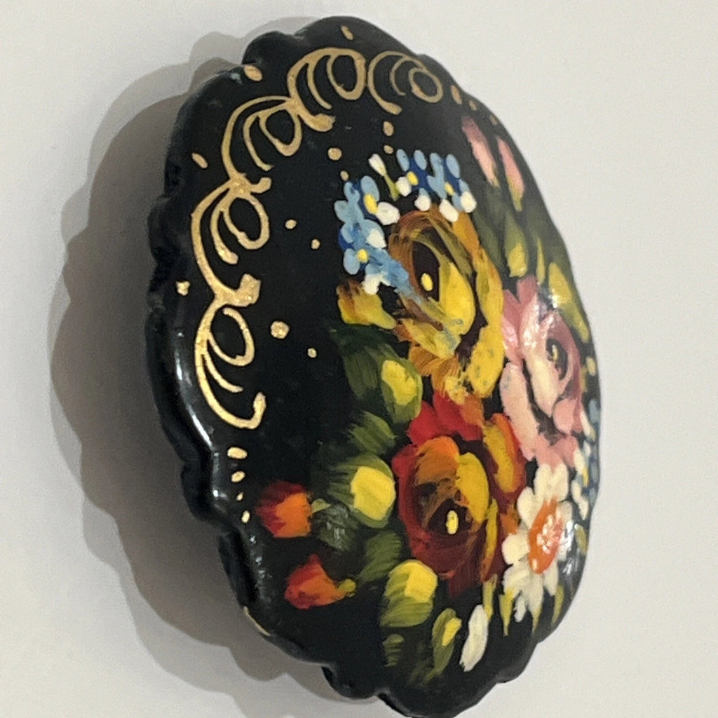 Russian Vintage Hand Painted Lacquered Brooch Jewelry Floral Slavic Craft Art
